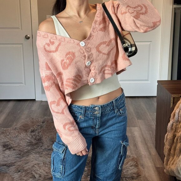 Sweaters - Y2K Pink Cropped Heart Cardigan Sweater Oversized Small Coquette Girlcore Cute